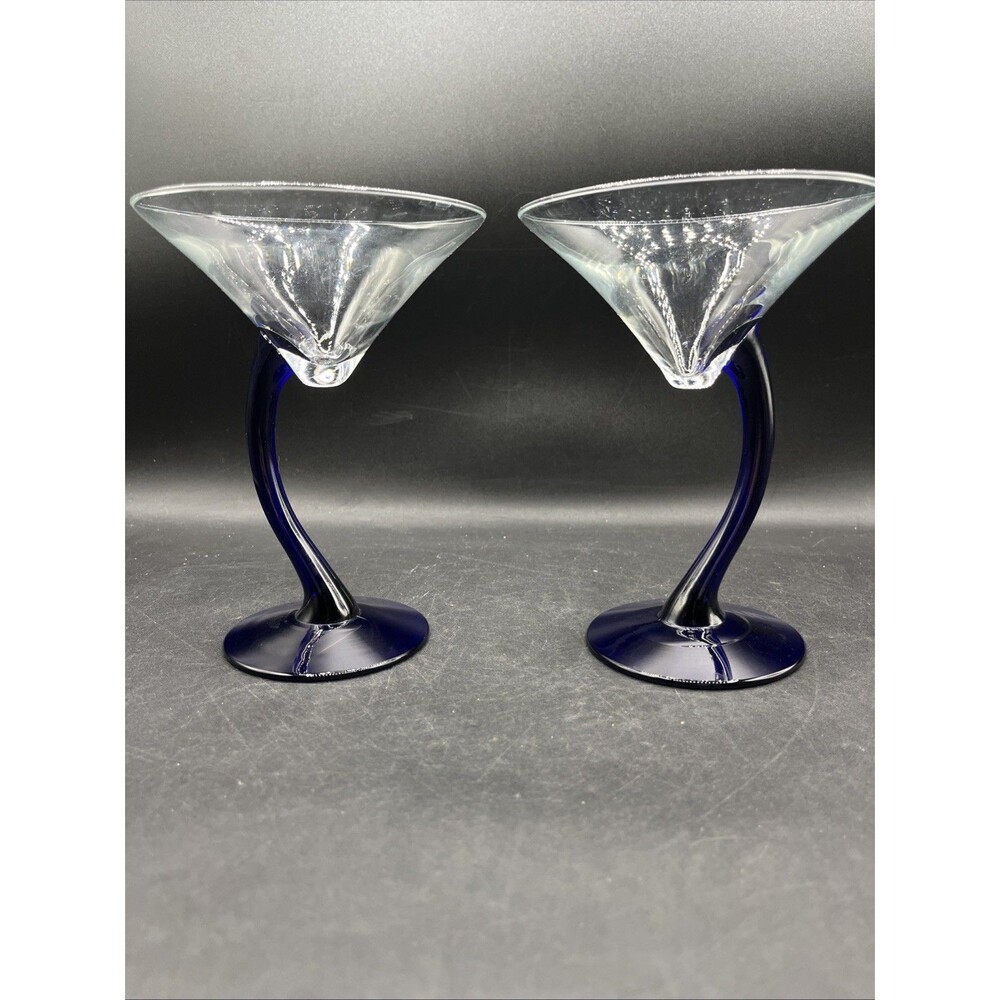 Set of 2 Vintage Libbey Bravura Cobalt Blue Curved Stem Martini Glasses